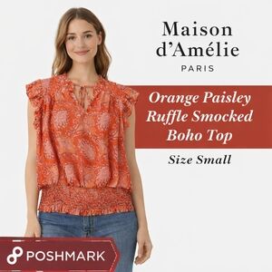 Maison d’Amélie Paris Orange Paisley Ruffle Smocked Boho Top S